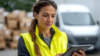 Young Hispanic female warehouse worker in safety yellow vest checking digital tablet while managing logistics operations in outdoor loading area.