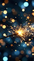 Glowing sparkler emitting bright sparks against dark blue background with golden and turquoise bokeh lights creating magical festive atmosphere.