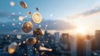 Golden bitcoin cryptocurrency coins falling against urban cityscape background with sunset and bokeh lights, modern financial technology concept.