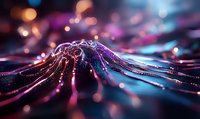 Abstract macro photography of glowing fiber optic strands with pink and blue bokeh lights creating futuristic technological background with shallow depth of field.