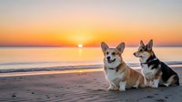 Two adorable corgi dogs sitting on sandy beach during golden hour sunset with ocean waves and colorful sky creating peaceful coastal scene for pet lifestyle content.