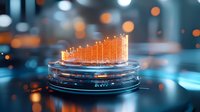 Glowing orange bar graph chart on futuristic circular platform with digital elements and bokeh background showing business growth analytics data.