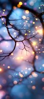 Magical winter tree branches with glowing bokeh lights against blue and pink twilight sky, creating dreamy atmospheric nature background for seasonal designs.