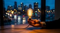 Hand holding glowing vintage Edison bulb against blurred city skyline at night. Creative business innovation and bright ideas concept for presentations.