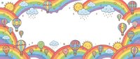 Colorful rainbow frame with hot air balloons, clouds and sunshine creating whimsical border for children designs and cheerful projects.