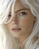 Close-up portrait of young Caucasian woman with platinum blonde hair, blue eyes, and natural makeup showing gentle expression against light background.