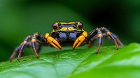 Colorful jumping spider with metallic blue and orange markings perched on green leaf in macro photography, showing intricate details of eyes and legs against blurred background.