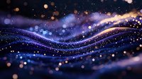 Magical glowing waves with sparkling particles in deep blue and purple colors create dreamy abstract background with bokeh light effect and golden dust.