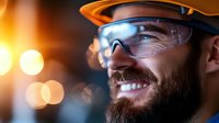 Smiling bearded construction worker wearing orange hard hat and safety glasses against blurred bokeh lights background. Professional portrait for safety industry.