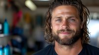 Confident bearded man with wavy brown hair and bright smile wearing black t-shirt against blurred background, expressing genuine happiness and positive attitude.