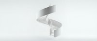 White spiral staircase floating in minimalist space with soft lighting and clean architectural design for modern interior concepts.