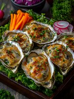 Baked oysters with melted cheese and herbs served on wooden platter with fresh vegetables. Gourmet seafood appetizer garnished with parsley and accompanied by radish and carrots.
