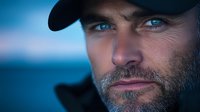 Close-up portrait of bearded Caucasian man with intense blue eyes wearing black cap against blurred blue background, conveying determination and focus.