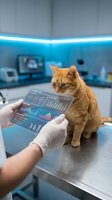 Orange tabby cat sits on modern veterinary examination table while veterinarian reviews digital health analytics on transparent tablet in high-tech clinic.