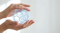 Hands protecting transparent geometric sphere with hexagonal pattern symbolizing care, protection and innovation in technology and science concepts.