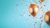 Festive rose gold balloons with falling metallic confetti against turquoise background, creating celebratory atmosphere for party and special events.