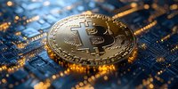 Golden cryptocurrency coin on circuit board with glowing lights and bokeh effects, representing digital finance and blockchain technology.