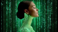 Young Asian woman with sleek hair bun in glowing green digital matrix environment, profile view against cascading cyber data streams, futuristic fashion concept.