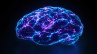 Glowing blue and purple neural network forming brain shape against dark background, illustrating artificial intelligence and machine learning concepts.