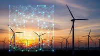 Wind turbines at sunset with digital network overlay representing smart grid technology and renewable energy innovation for sustainable power generation.