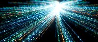 Digital data streams converging into bright light center with colorful particle trails creating futuristic technology network visualization.