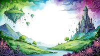 Fantasy landscape with floating islands, castle and magical valley in vibrant colors for gaming and storytelling projects.