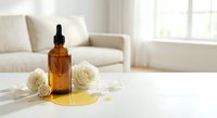 Amber glass dropper bottle with golden oil spill and white roses on marble surface in bright modern living room interior for skincare and aromatherapy.