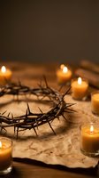 Crown of thorns with burning candles on aged parchment paper, symbolizing sacrifice and spirituality for religious, Easter, and meditation themed projects.