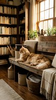 Fluffy ginger cat resting on a rustic wooden bench in a cozy farmhouse reading room with bookshelves and warm natural light.