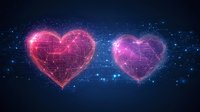 Glowing digital hearts with futuristic wireframe design against dark blue space background with sparkling particles.
