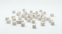 Scattered white and beige wooden cubes on clean background for minimalist design projects, presentations, and creative layouts.