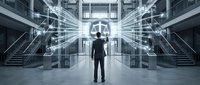 Businessman standing in modern corporate atrium with digital network connections and light rays, representing business innovation, technology integration, and professional growth opportunities.