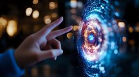 Finger touching glowing digital interface with blue and pink holographic spiral effect against dark background with bokeh lights, futuristic technology concept.