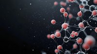Molecular structure visualization with red spherical atoms connected by white bonds on dark background, scientific concept for chemistry and biology research.