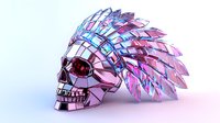 Metallic skull with iridescent crystal mohawk headdress in pink and blue holographic colors against light background, modern artistic interpretation of tribal warrior design.