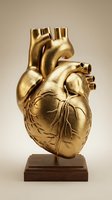 Golden anatomical heart sculpture on wooden base with detailed arteries and chambers for medical education and luxury decor.