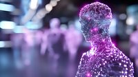 Digital human silhouette with glowing neural network connections in purple and pink colors representing artificial intelligence and machine learning.