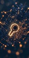 Glowing key symbol on digital circuit background with connected nodes and orange light effects represents cybersecurity and data protection concept.