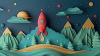 Red rocket soaring through night sky over mountain landscape with planets and stars. Paper cut style art with layered elements creates magical space scene.