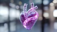 Glowing purple anatomical heart created with digital polygon mesh and light effects floating on dark blurred background with bokeh lights.