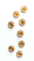 Golden cryptocurrency coins arranged vertically on white background. Minimalist composition showing digital currency symbols isolated for financial and tech designs.