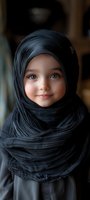 Young Middle Eastern girl wearing black hijab smiling at camera with bright eyes and gentle expression against dark background. Portrait showcases cultural diversity.