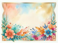 Watercolor floral frame with ornamental borders and colorful flowers in orange, blue, and pink tones. Isolated design element suitable for invitations, greeting cards, and decorative backgrounds.