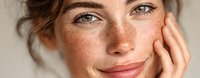 Close-up portrait of young woman with freckles and natural beauty, touching face gently against neutral background. Soft lighting highlights skin texture.