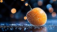 Frosted orange fruit covered in ice crystals against dark background with bokeh lights, creating magical winter atmosphere for seasonal design projects.