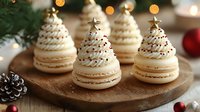 Christmas tree shaped macarons with white cream filling and chocolate drizzle on wooden board with festive holiday decorations and warm bokeh lights.