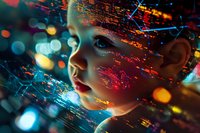 Young woman illuminated by vibrant neon lights and digital projections creating futuristic cyberpunk atmosphere with colorful bokeh effects and tech patterns.