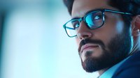 Young Hispanic businessman wearing glasses in blue tinted lighting, close-up portrait showing confidence and professionalism against blurred background.