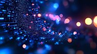 Digital matrix with glowing blue and orange bokeh lights creating futuristic technology background with binary code pattern. Abstract cyber network concept.