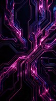 Glowing neon circuit board pathways with magenta and blue light trails on dark background, suitable for technology, digital innovation, and futuristic design projects.